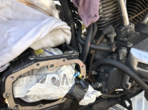 ハーレーFLSTC1340の分解途中のエンジン周辺部分を近接撮影。カバーが取り外され、内部パーツや配管が剥き出しになっている。